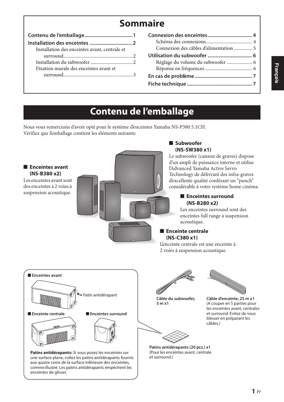 Sommaire, Contenu de l’emballage, Contenu de l’emballage sommaire | Yamaha NS-P380 User Manual | Page 15 / 84