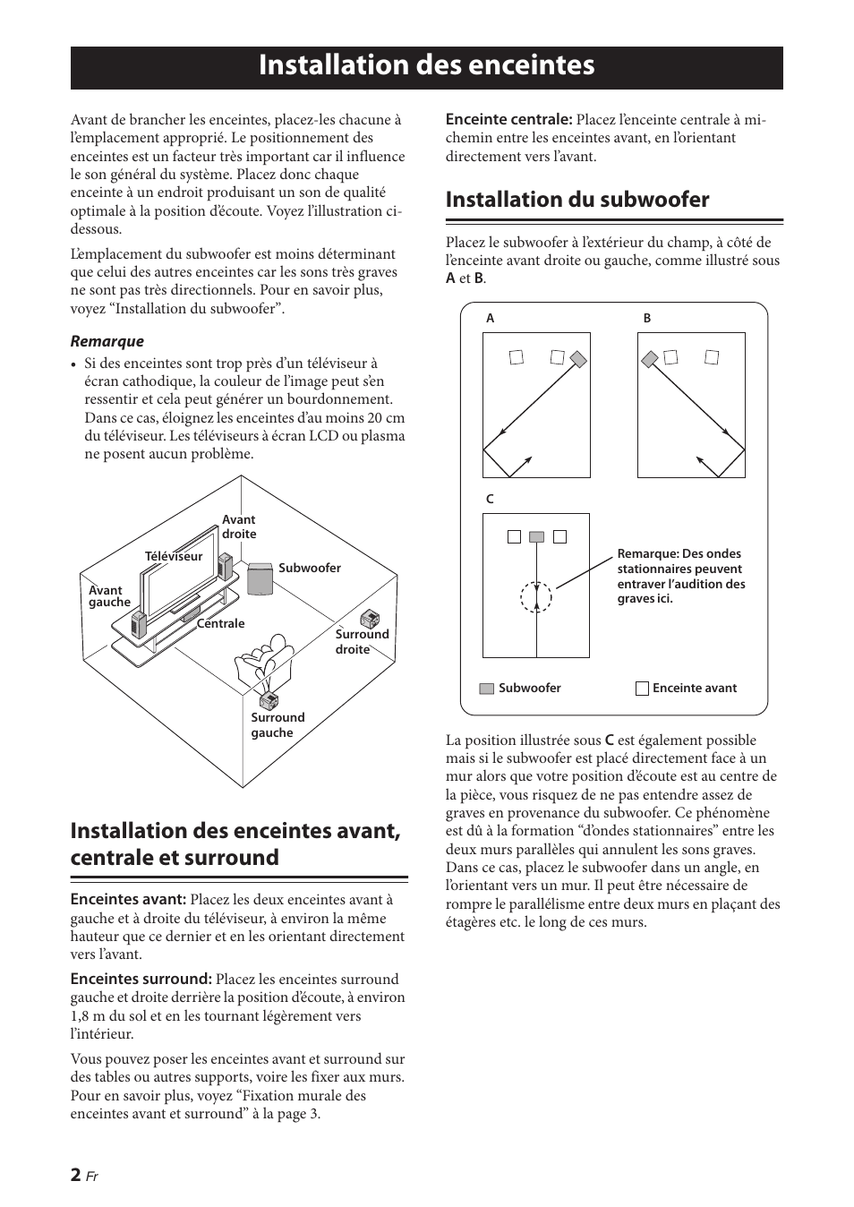 Installation des enceintes, Installation du subwoofer, Installation des enceintes avant, centrale et | Surround | Yamaha NS-P380 User Manual | Page 16 / 84