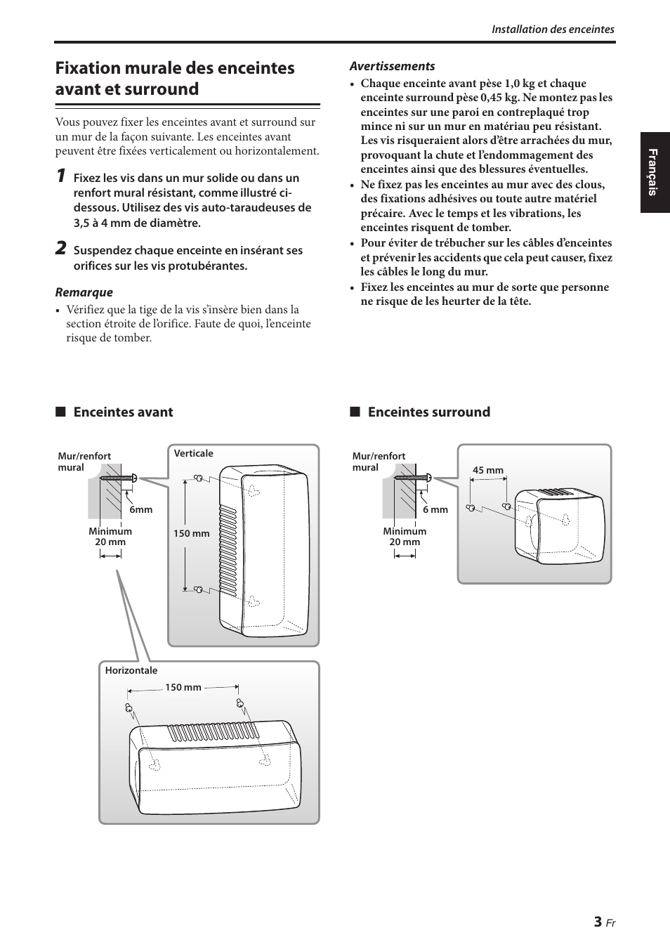 Fixation murale des enceintes avant et surround, Fixation murale des enceintes avant et, Surround | Yamaha NS-P380 User Manual | Page 17 / 84