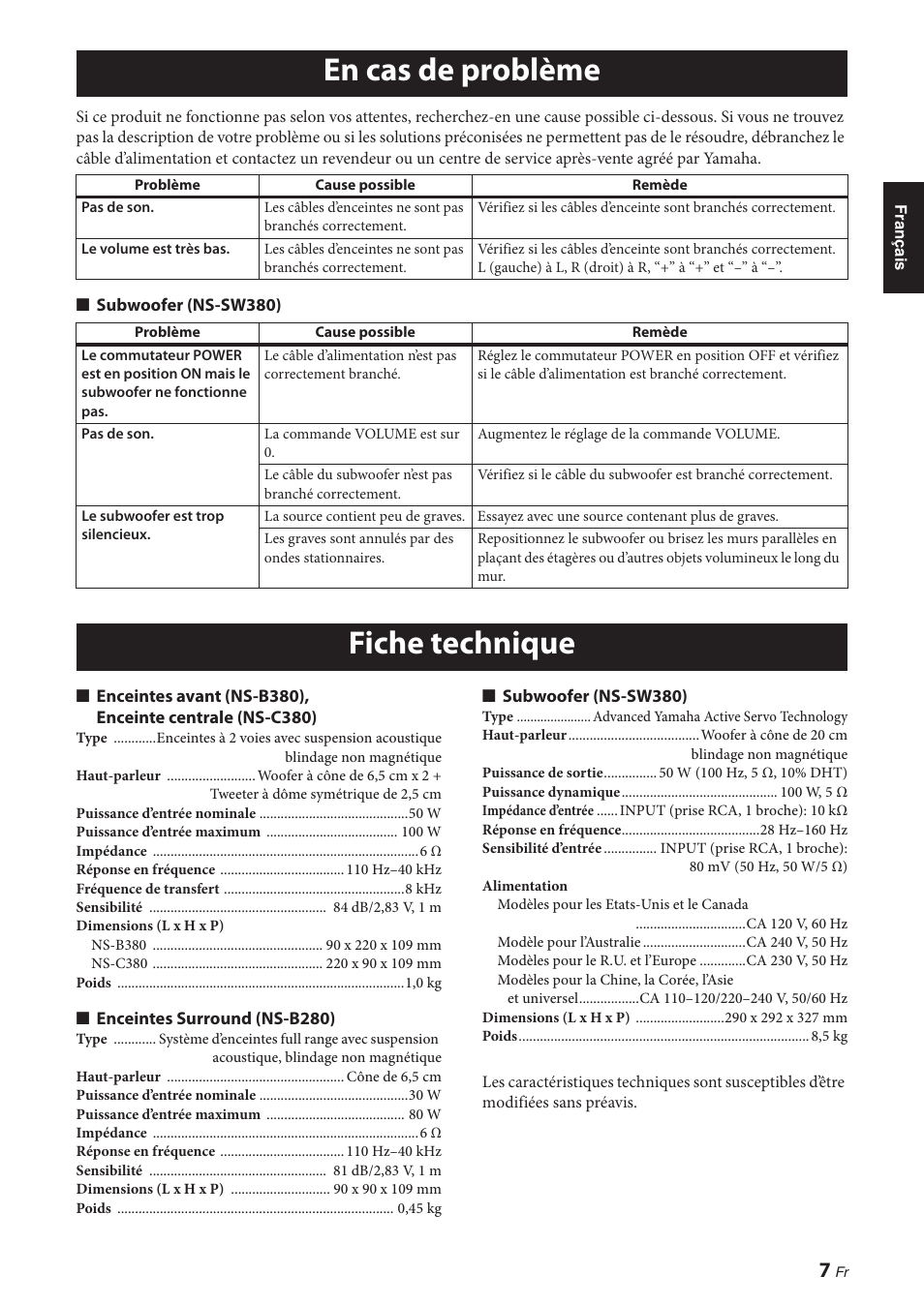 En cas de problème, Fiche technique | Yamaha NS-P380 User Manual | Page 21 / 84