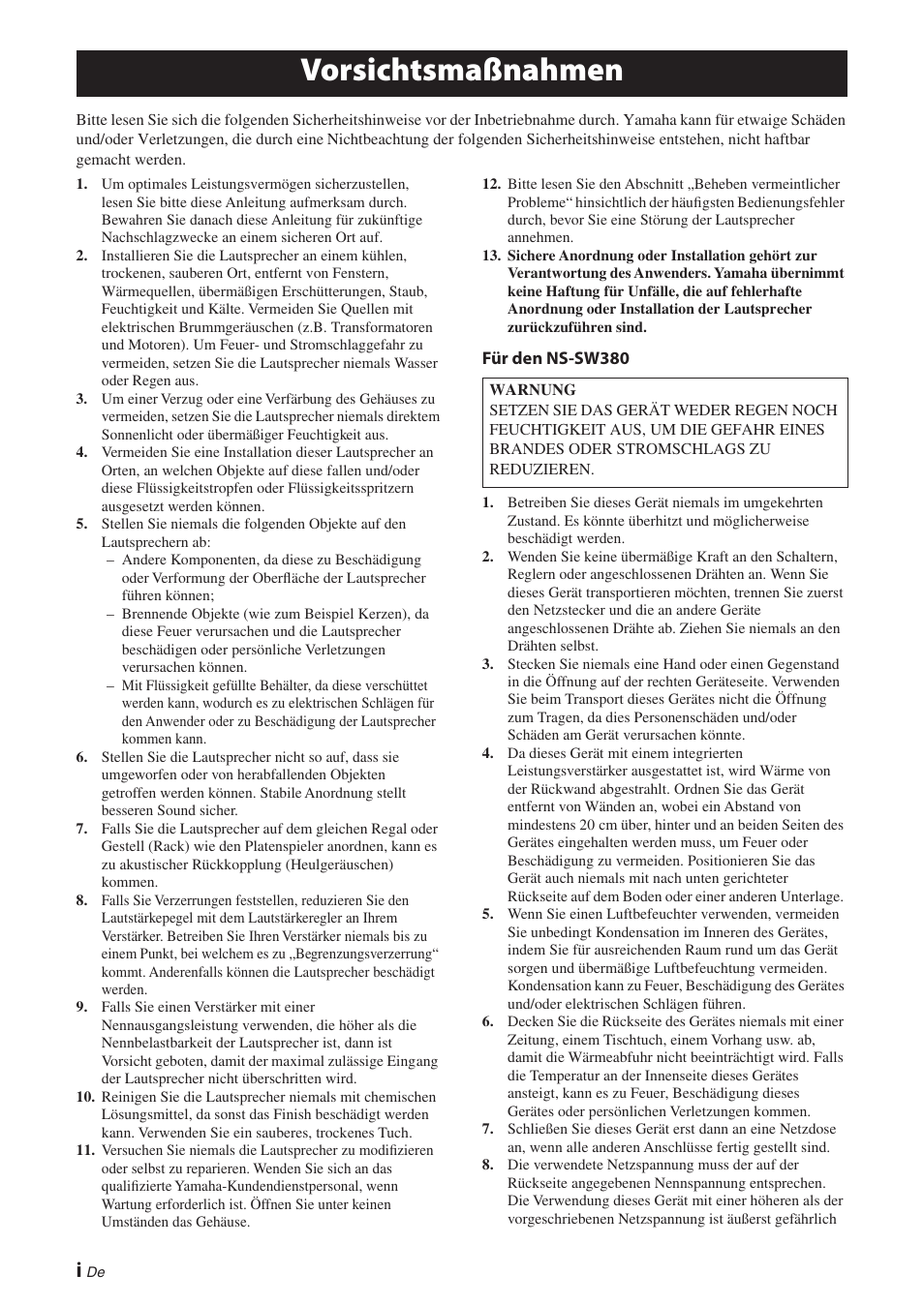 Deutsch, Vorsichtsmaßnahmen | Yamaha NS-P380 User Manual | Page 22 / 84
