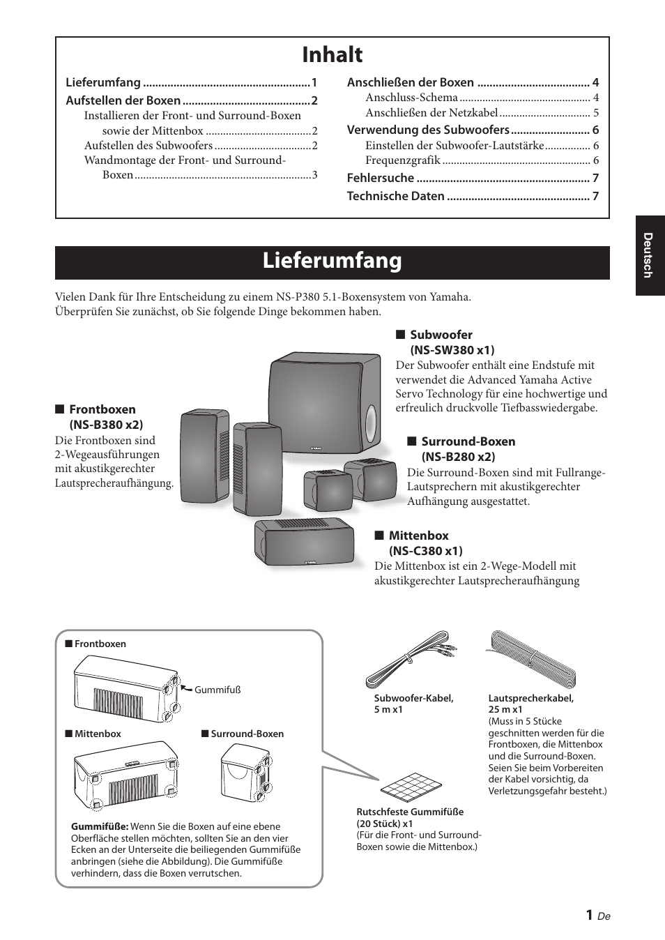 Inhalt, Lieferumfang, Lieferumfang inhalt | Yamaha NS-P380 User Manual | Page 25 / 84