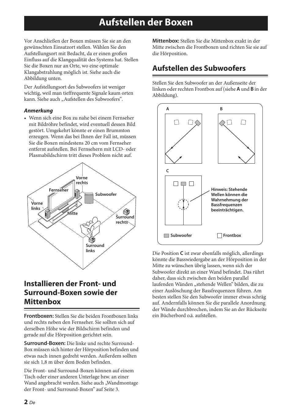 Aufstellen der boxen, Aufstellen des subwoofers, Installieren der front- und surround-boxen | Sowie der mittenbox | Yamaha NS-P380 User Manual | Page 26 / 84