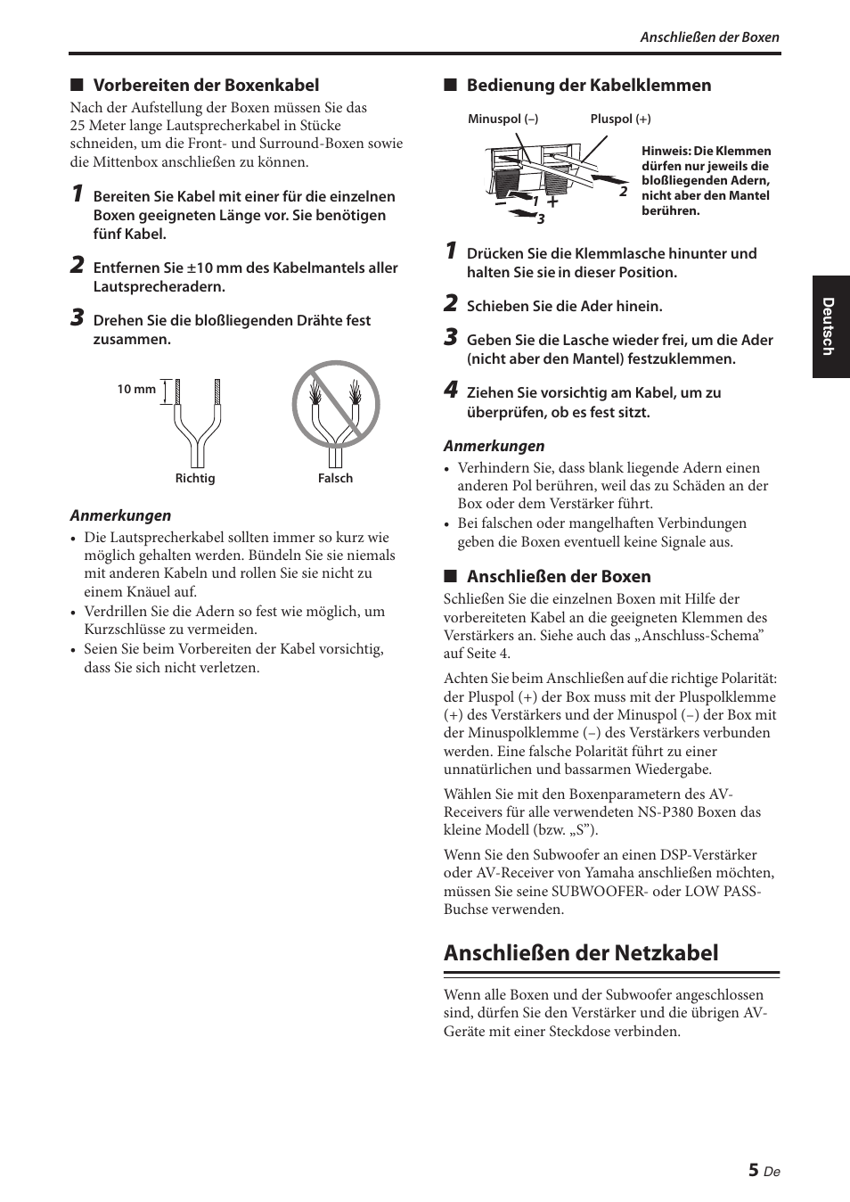 Anschließen der netzkabel | Yamaha NS-P380 User Manual | Page 29 / 84