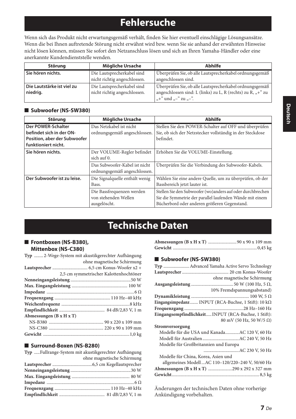 Fehlersuche, Technische daten | Yamaha NS-P380 User Manual | Page 31 / 84