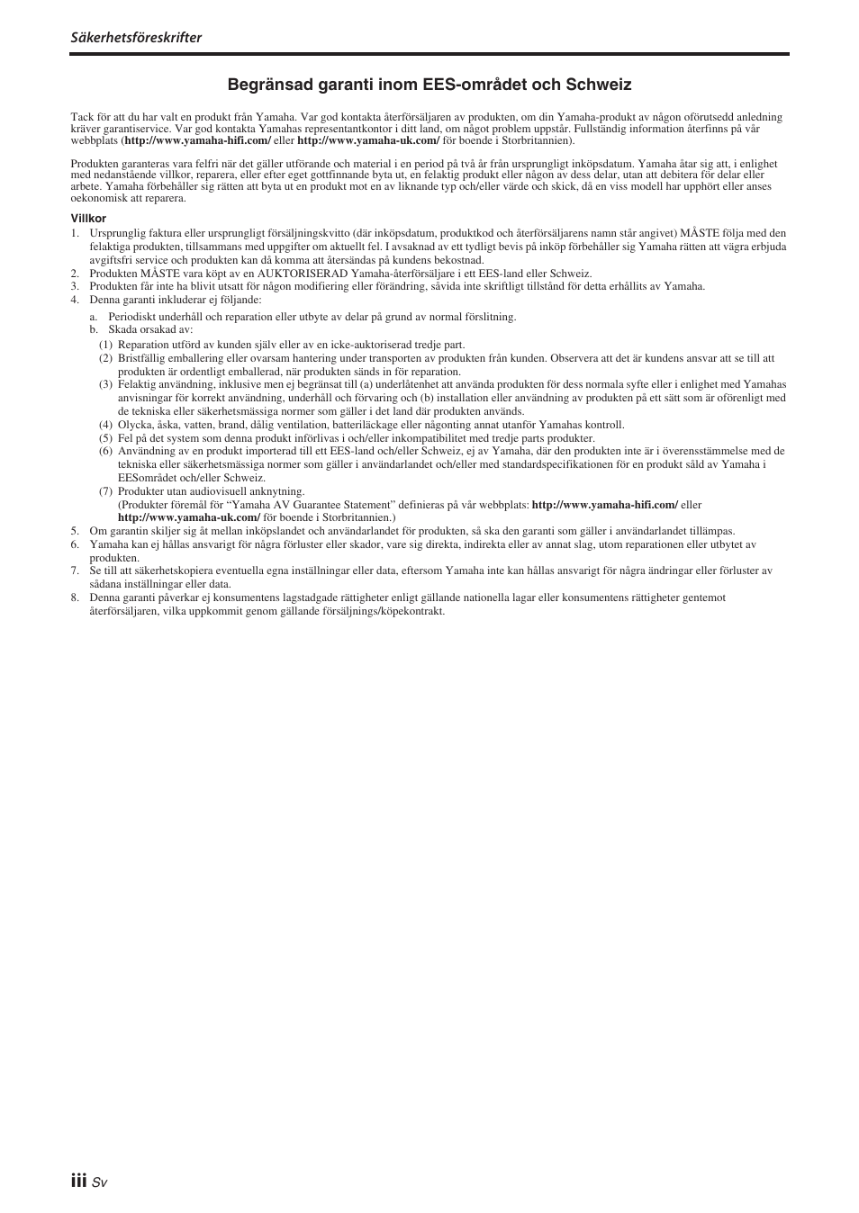 Begränsad garanti inom ees-området och schweiz | Yamaha NS-P380 User Manual | Page 34 / 84