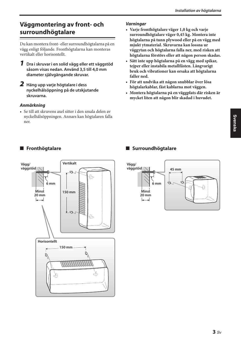 Väggmontering av front- och surroundhögtalare, Väggmontering av front- och, Surroundhögtalare | Yamaha NS-P380 User Manual | Page 37 / 84
