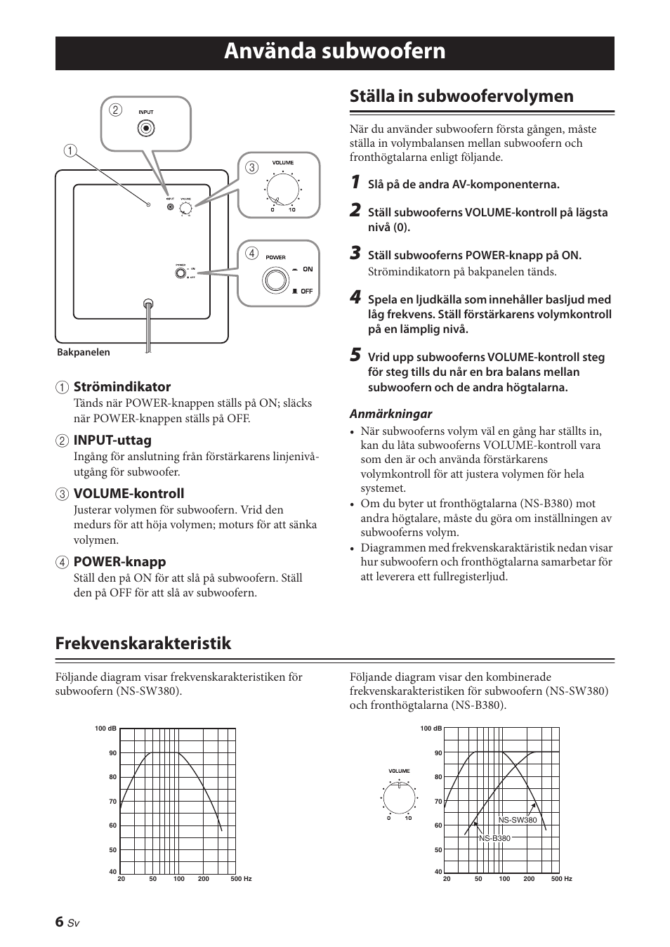 Använda subwoofern, Ställa in subwoofervolymen, Frekvenskarakteristik | Ställa in subwoofervolymen frekvenskarakteristik, 1 strömindikator, 2 input-uttag, 3 volume-kontroll, 4 power-knapp | Yamaha NS-P380 User Manual | Page 40 / 84