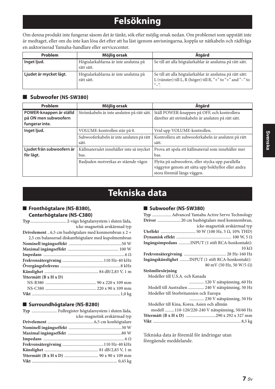 Felsökning, Tekniska data, Subwoofer | Yamaha NS-P380 User Manual | Page 41 / 84