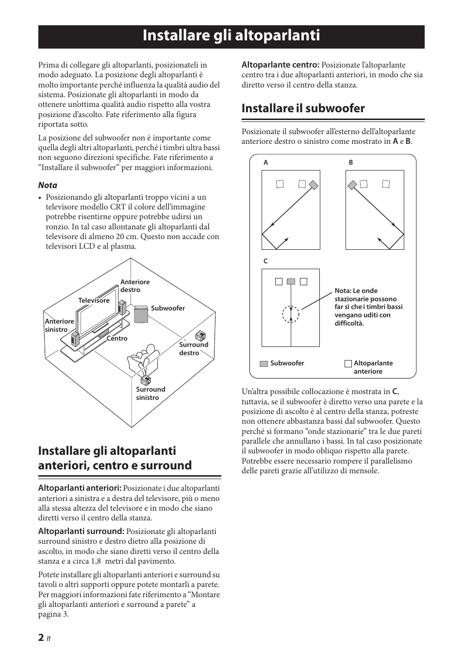 Installare gli altoparlanti, Installare il subwoofer, Installare gli altoparlanti anteriori, centro e | Surround | Yamaha NS-P380 User Manual | Page 46 / 84