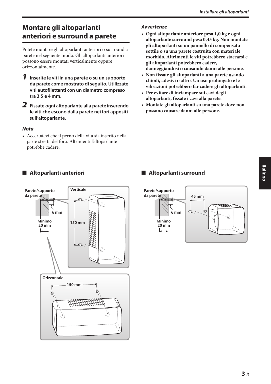 Montare gli altoparlanti anteriori e surround, A parete | Yamaha NS-P380 User Manual | Page 47 / 84