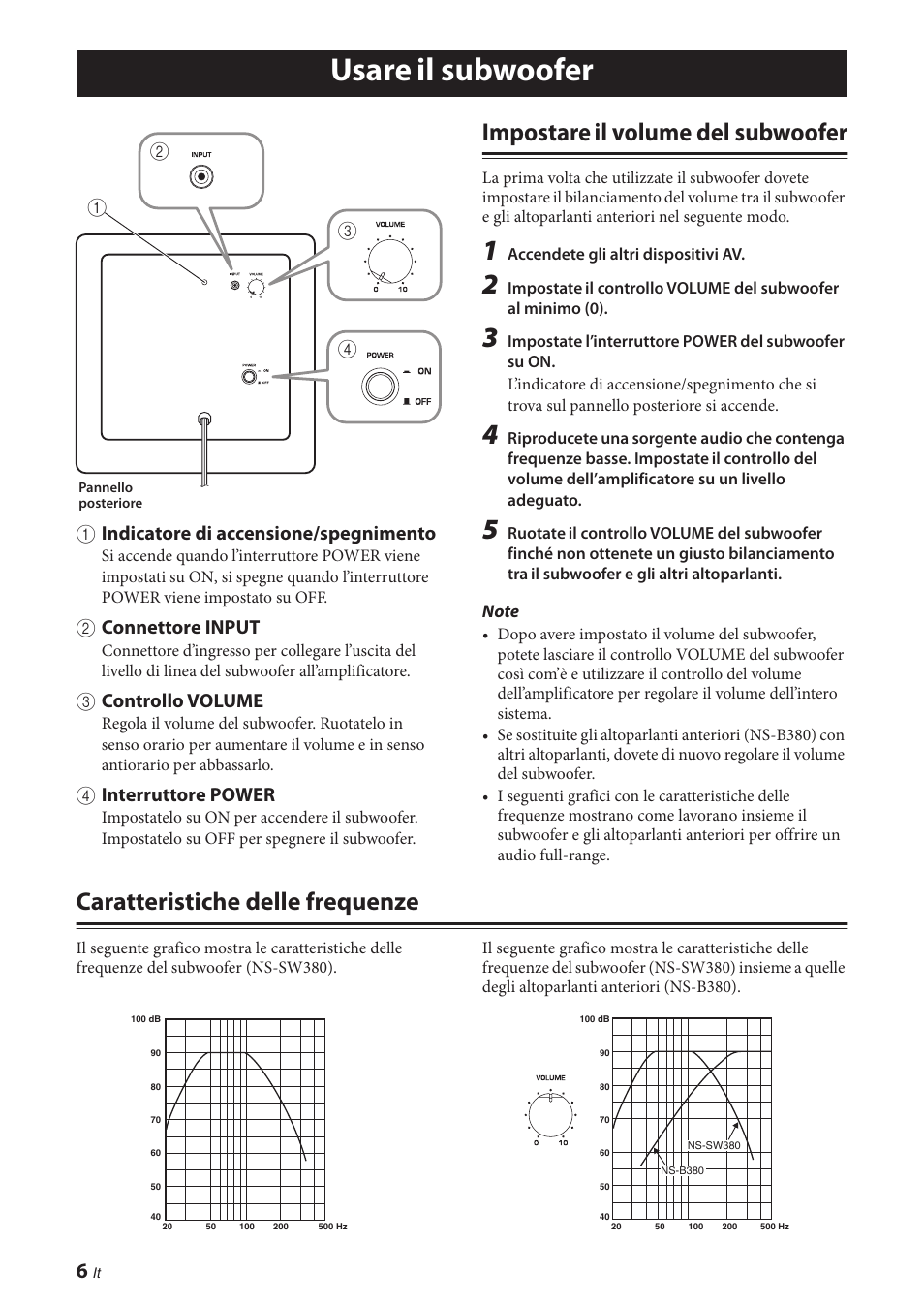 Usare il subwoofer, Impostare il volume del subwoofer, Caratteristiche delle frequenze | 1 indicatore di accensione/spegnimento, 2 connettore input, 3 controllo volume, 4 interruttore power | Yamaha NS-P380 User Manual | Page 50 / 84