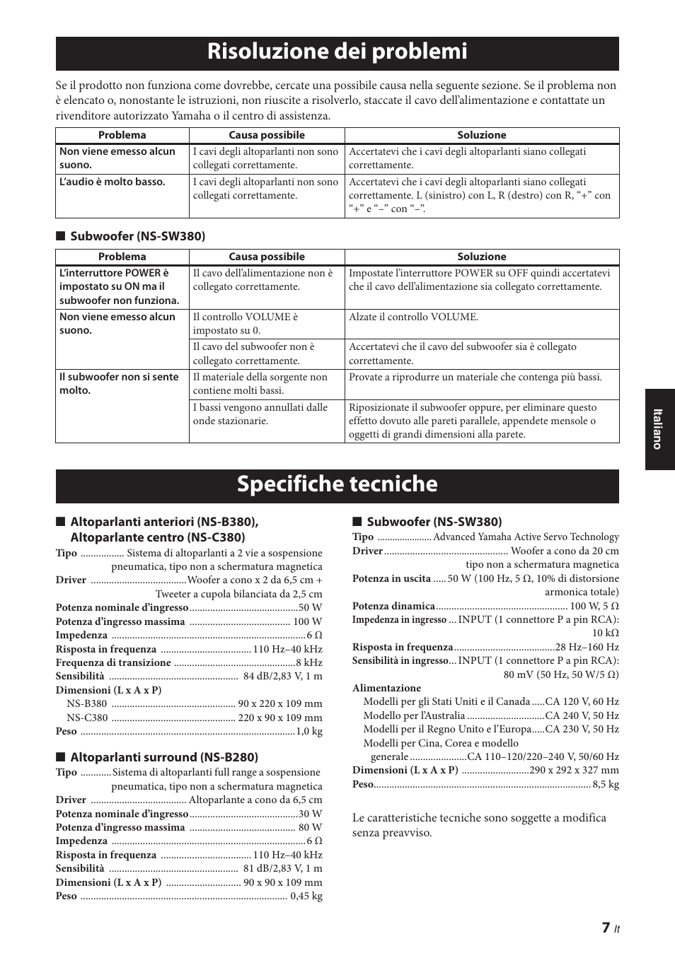 Risoluzione dei problemi, Specifiche tecniche | Yamaha NS-P380 User Manual | Page 51 / 84