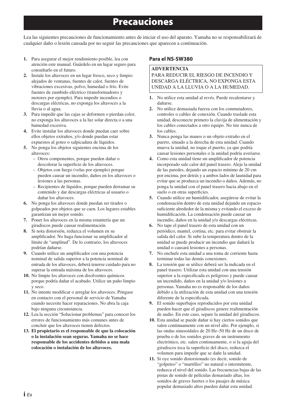 Español, Precauciones | Yamaha NS-P380 User Manual | Page 52 / 84
