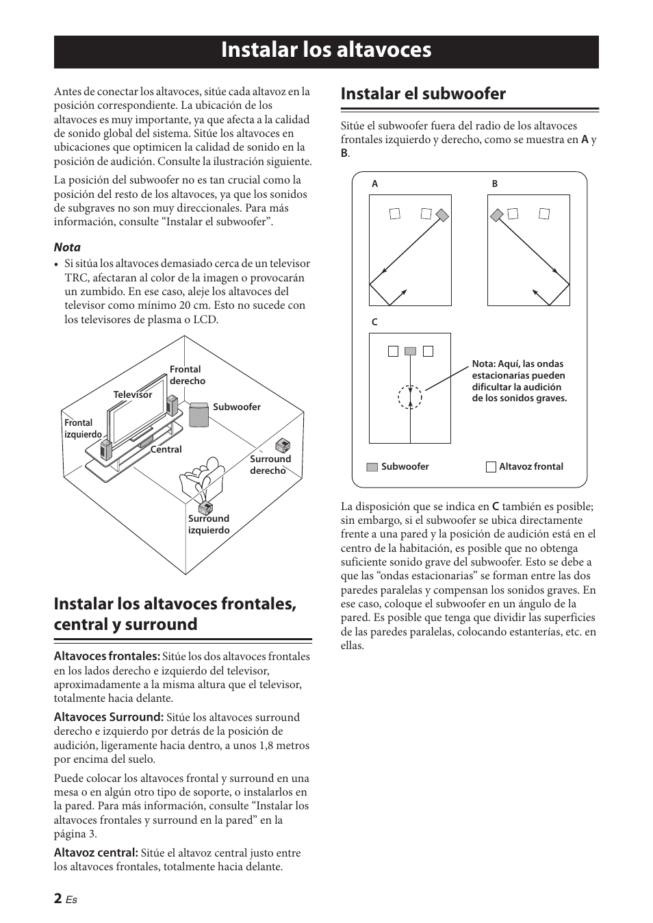 Instalar los altavoces, Instalar el subwoofer, Instalar los altavoces frontales, central y | Surround | Yamaha NS-P380 User Manual | Page 56 / 84