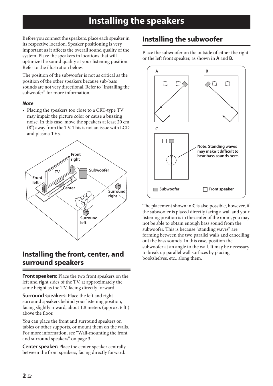 Installing the speakers, Installing the subwoofer, Installing the front, center, and surround | Speakers | Yamaha NS-P380 User Manual | Page 6 / 84