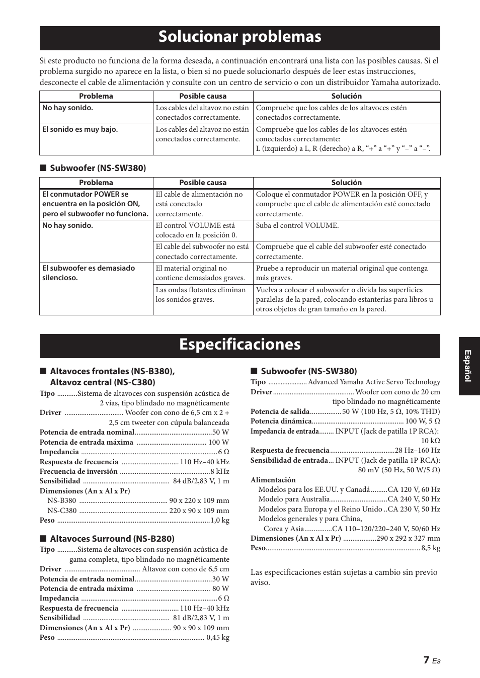 Solucionar problemas, Especificaciones | Yamaha NS-P380 User Manual | Page 61 / 84
