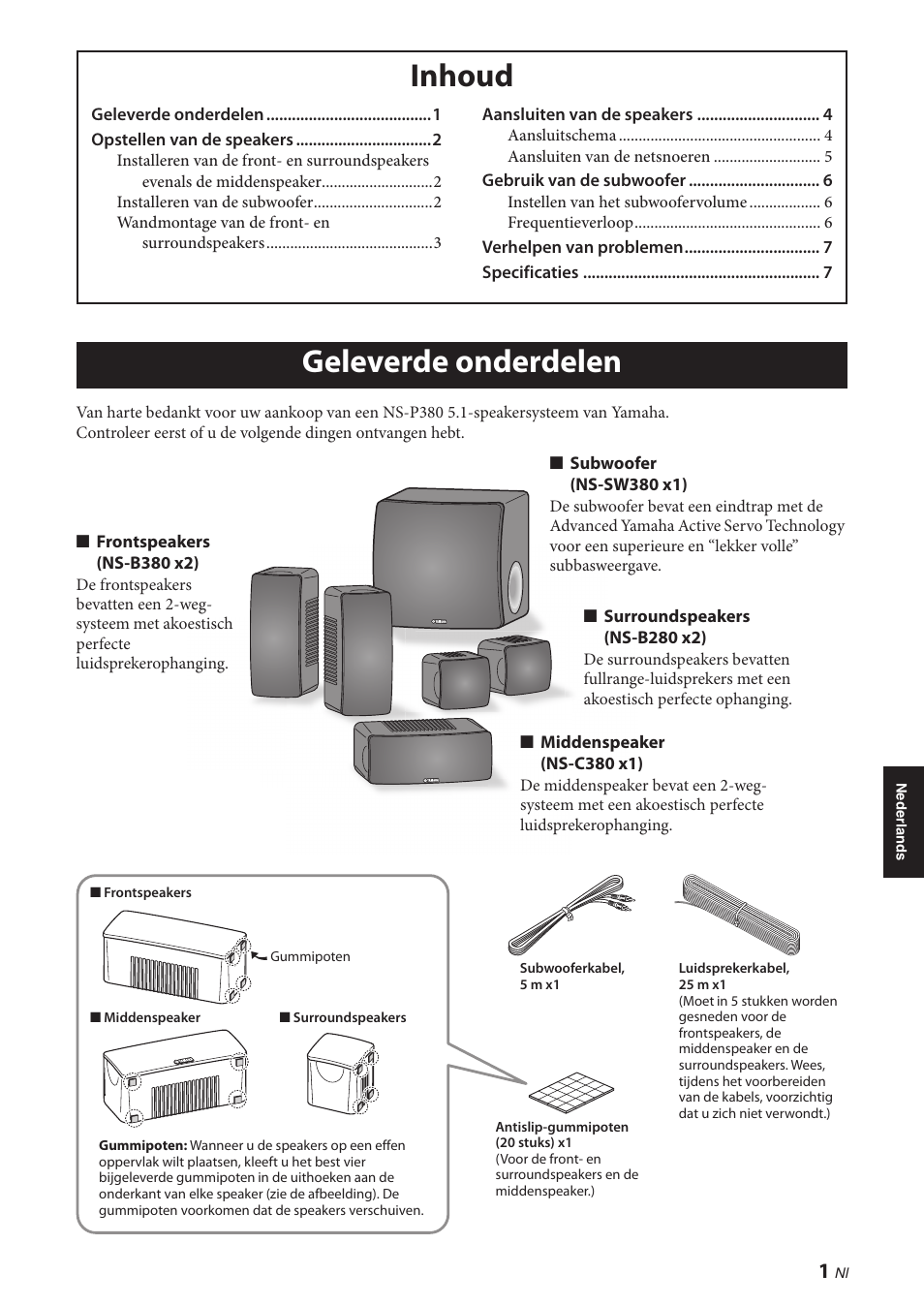 Inhoud, Geleverde onderdelen, Geleverde onderdelen inhoud | Yamaha NS-P380 User Manual | Page 65 / 84