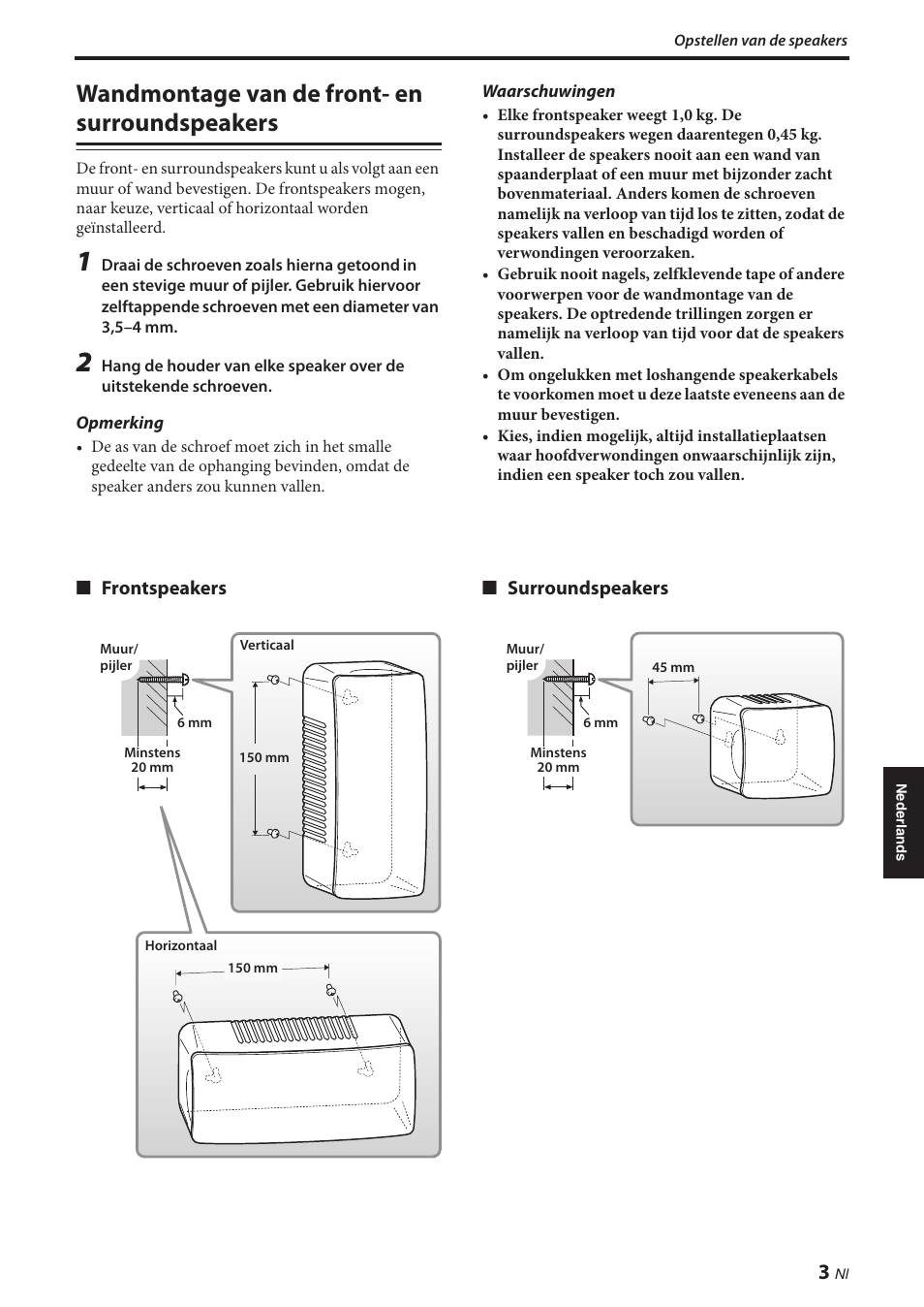 Wandmontage van de front- en surroundspeakers, Wandmontage van de front- en, Surroundspeakers | Yamaha NS-P380 User Manual | Page 67 / 84