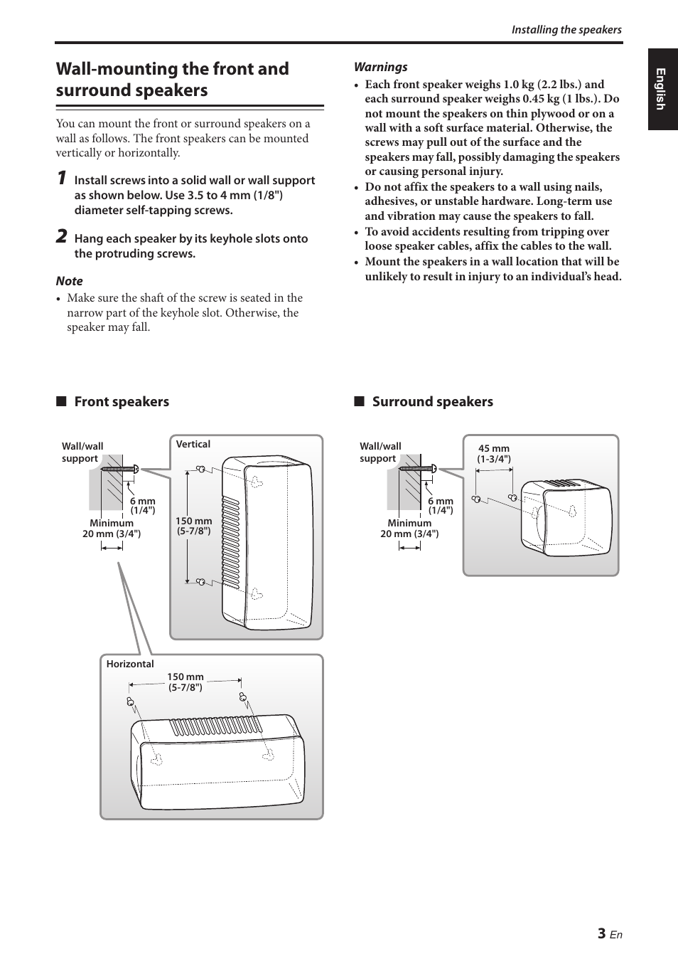 Wall-mounting the front and surround speakers, Wall-mounting the front and surround, Speakers | Yamaha NS-P380 User Manual | Page 7 / 84