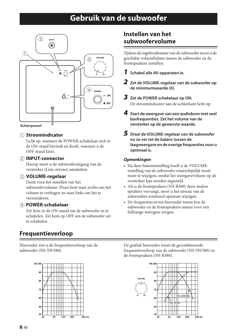 Gebruik van de subwoofer, Instellen van het subwoofervolume, Frequentieverloop | 1 stroomindicator, 2 input-connector, 3 volume-regelaar, 4 power-schakelaar | Yamaha NS-P380 User Manual | Page 70 / 84