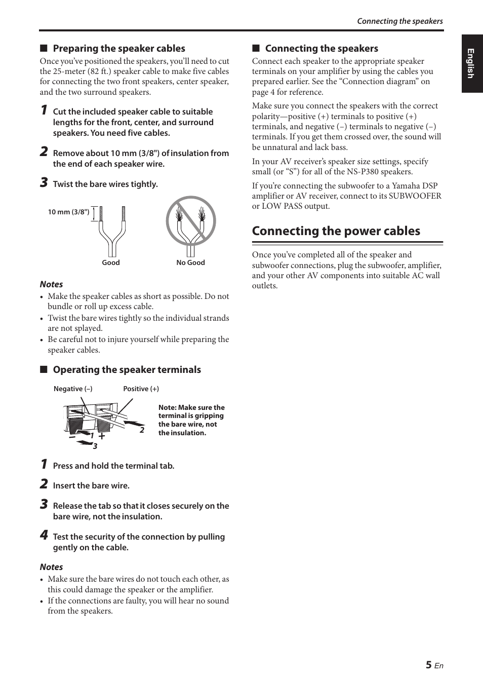 Connecting the power cables | Yamaha NS-P380 User Manual | Page 9 / 84