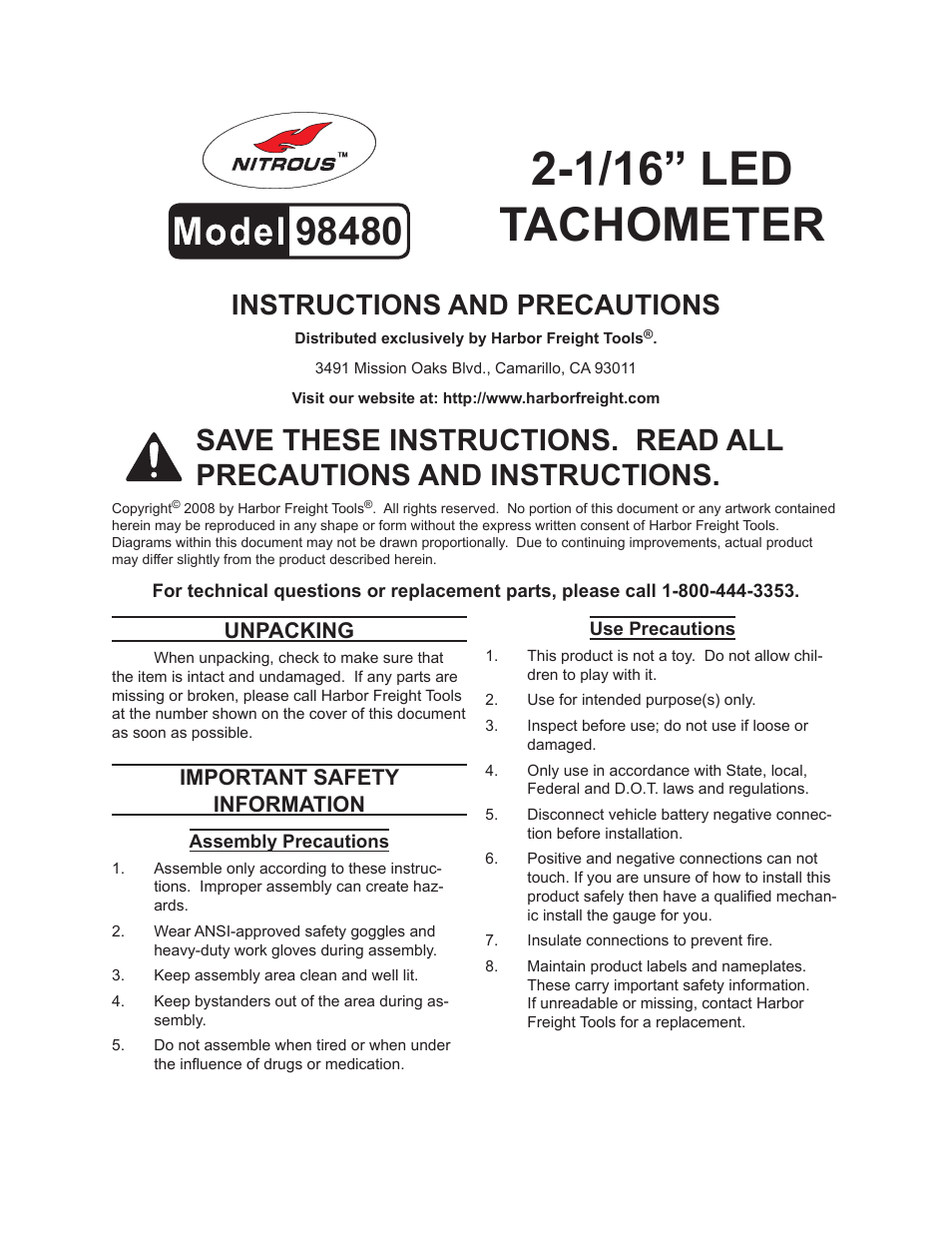 Harbor Freight Tools 98480 User Manual | 2 pages