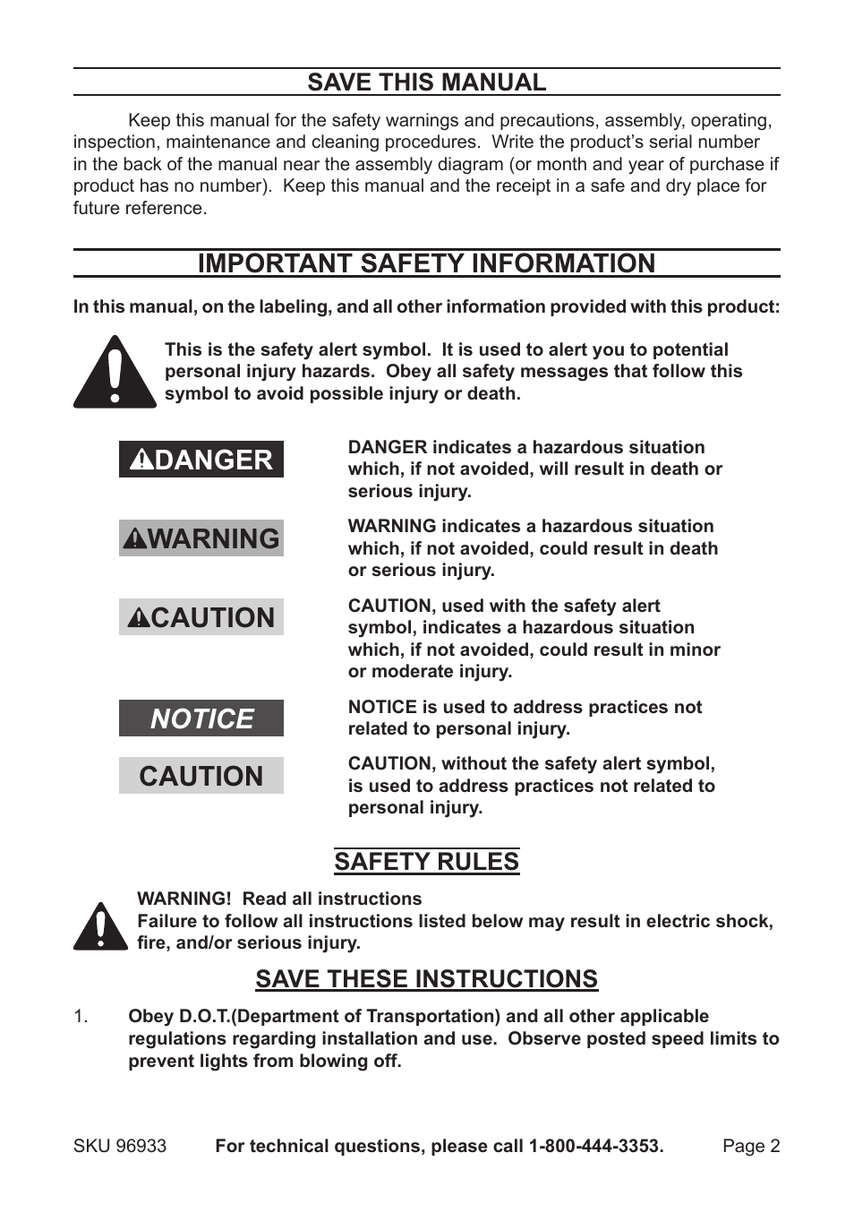 Danger warning caution notice caution, Important safety information, Save this manual | Safety rules, Save these instructions | Harbor Freight Tools 96933 User Manual | Page 2 / 8