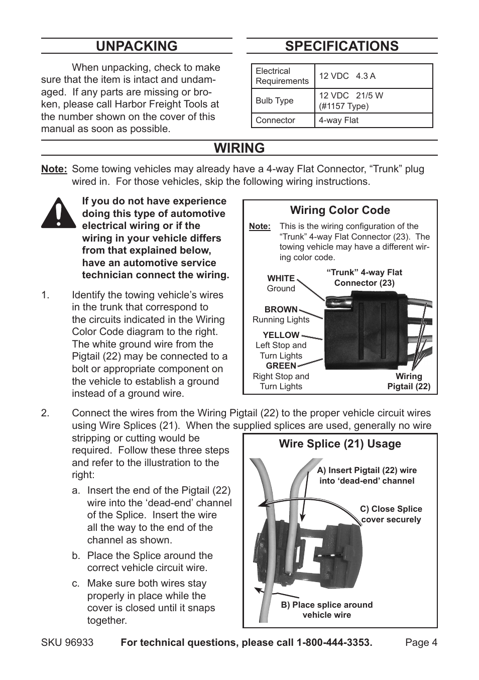 Wiring, Unpacking, Specifications | Harbor Freight Tools 96933 User Manual | Page 4 / 8