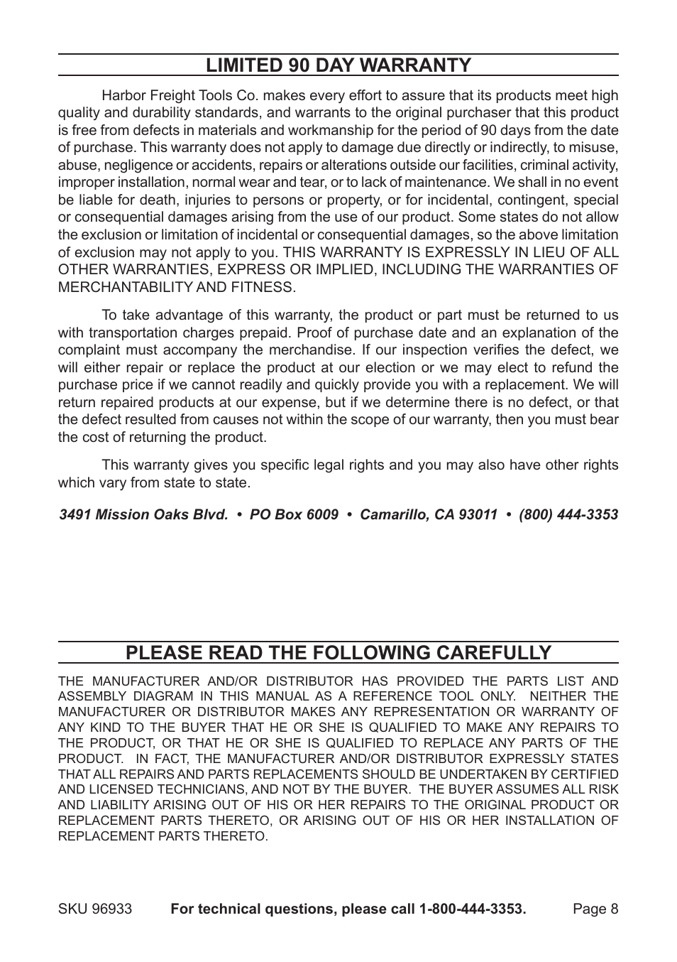 Limited 90 day warranty, Please read the following carefully | Harbor Freight Tools 96933 User Manual | Page 8 / 8
