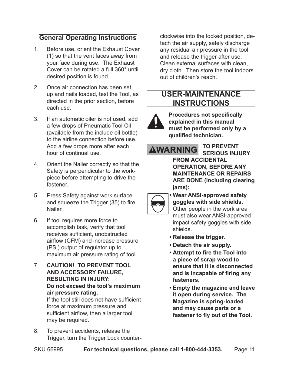 User-maintenance instructions | Harbor Freight Tools 66995 User Manual | Page 11 / 16