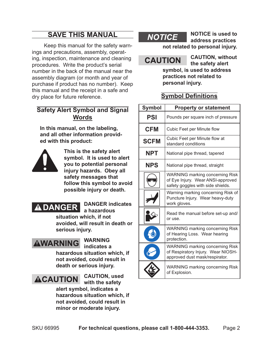 Save this manual | Harbor Freight Tools 66995 User Manual | Page 2 / 16