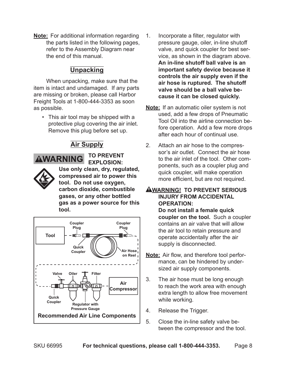 Unpacking, Air supply | Harbor Freight Tools 66995 User Manual | Page 8 / 16