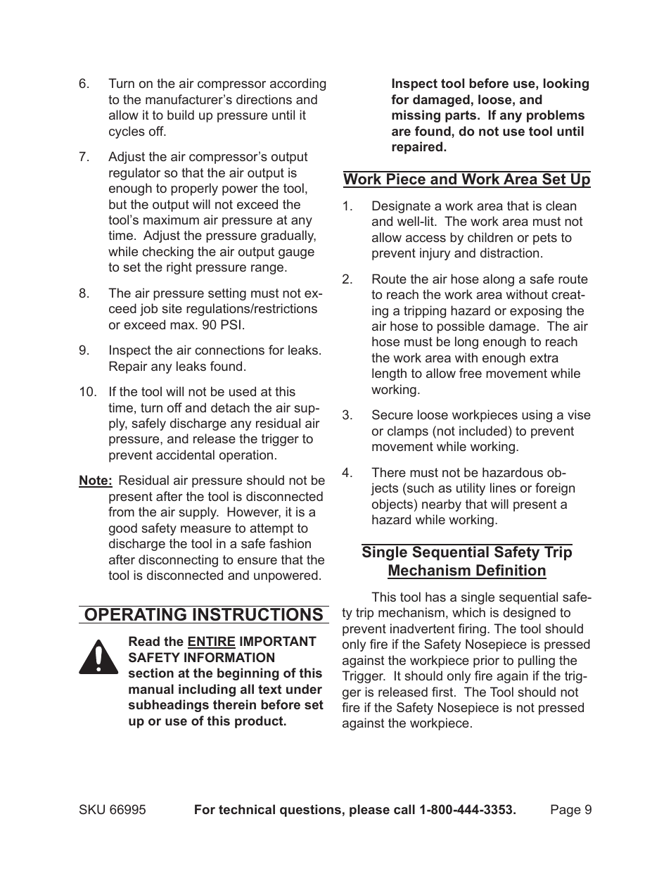 Operating instructions | Harbor Freight Tools 66995 User Manual | Page 9 / 16