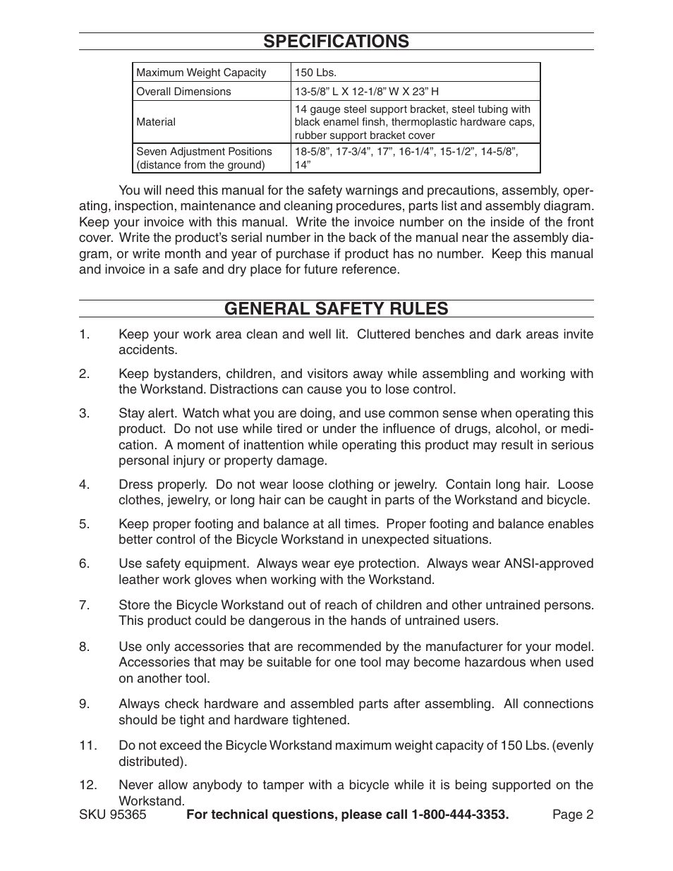 Specifications, General safety rules | Harbor Freight Tools WORKSTAND 95365 User Manual | Page 2 / 6