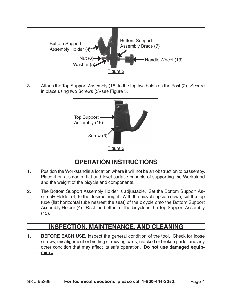 Operation instructions, Inspection, maintenance, and cleaning | Harbor Freight Tools WORKSTAND 95365 User Manual | Page 4 / 6