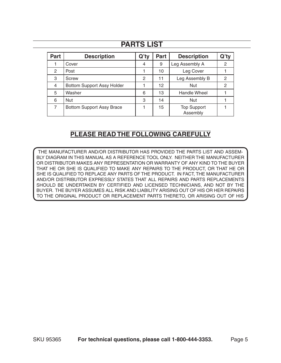 Parts list, Please read the following carefully | Harbor Freight Tools WORKSTAND 95365 User Manual | Page 5 / 6