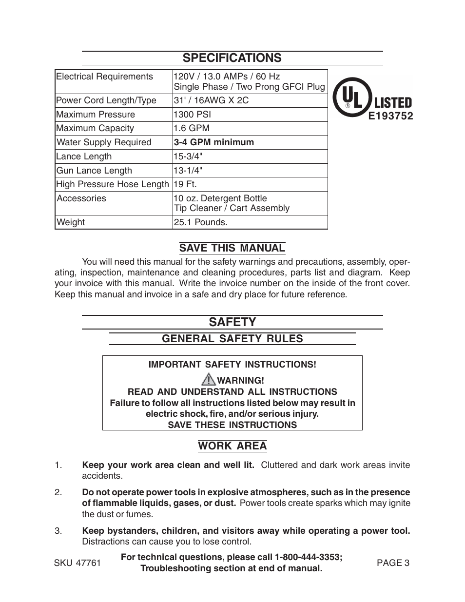 Specifications, Safety, General safety rules | Harbor Freight Tools 47761 User Manual | Page 3 / 24