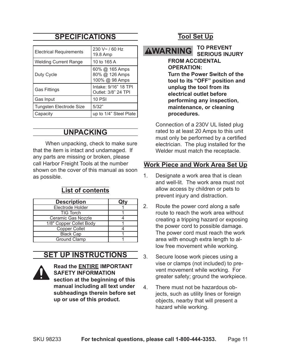 Specifications, Unpacking, Set up instructions | List of contents, Tool set up, Work piece and work area set up | Harbor Freight Tools 98233 User Manual | Page 11 / 20