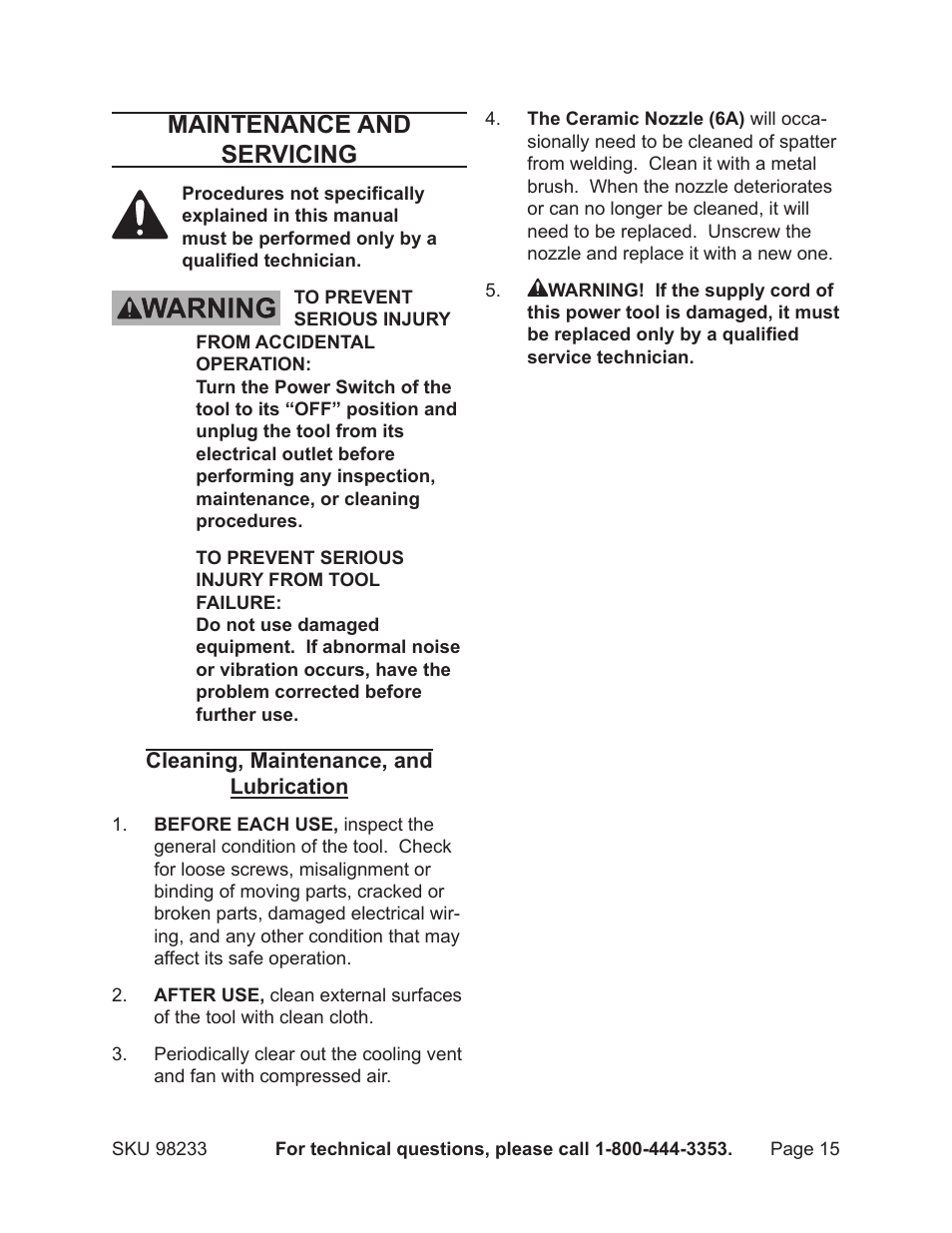 Maintenance and servicing | Harbor Freight Tools 98233 User Manual | Page 15 / 20