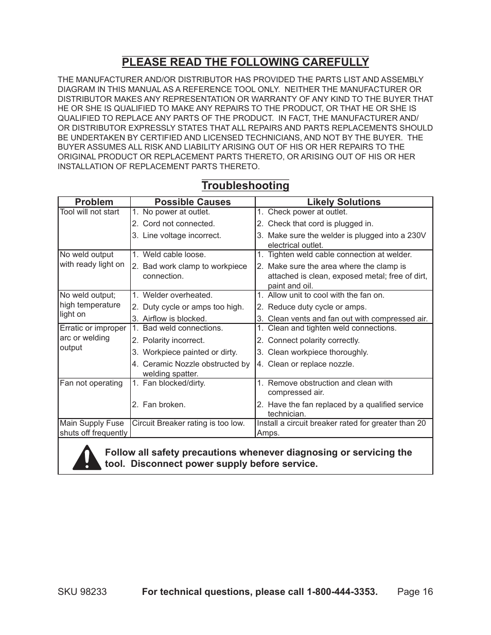 Please read the following carefully, Troubleshooting | Harbor Freight Tools 98233 User Manual | Page 16 / 20