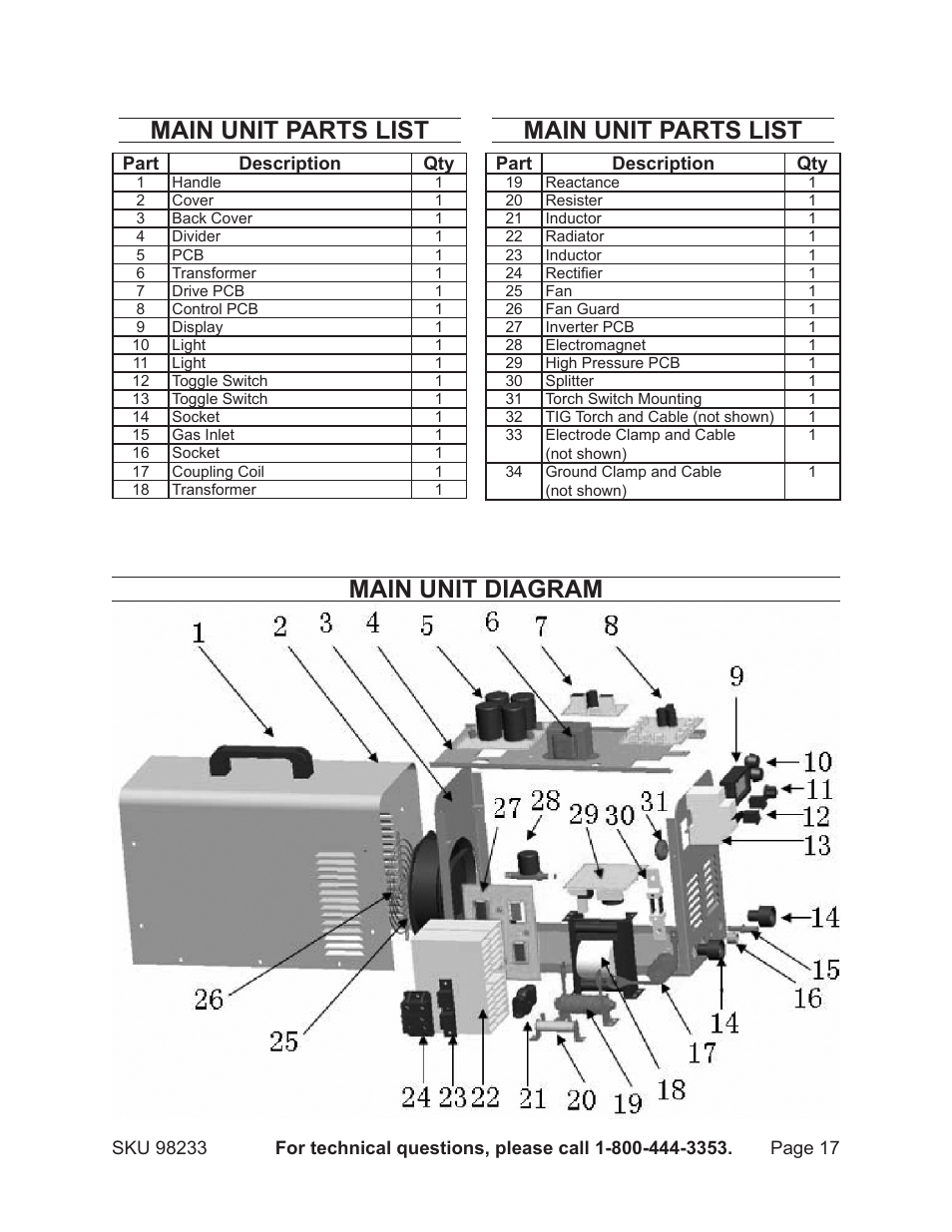 Main unit parts list, Main unit diagram | Harbor Freight Tools 98233 User Manual | Page 17 / 20