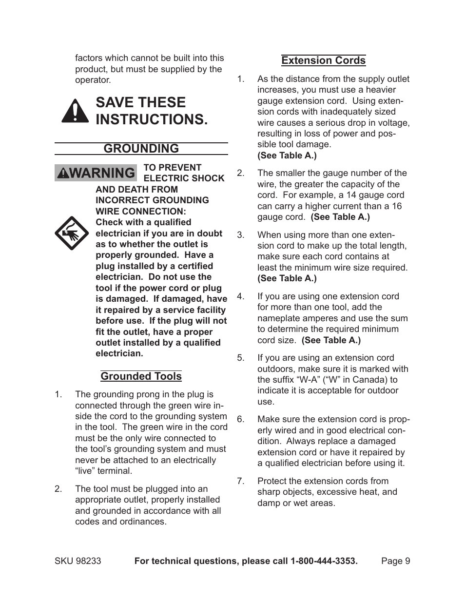 Save these instructions, Grounding | Harbor Freight Tools 98233 User Manual | Page 9 / 20