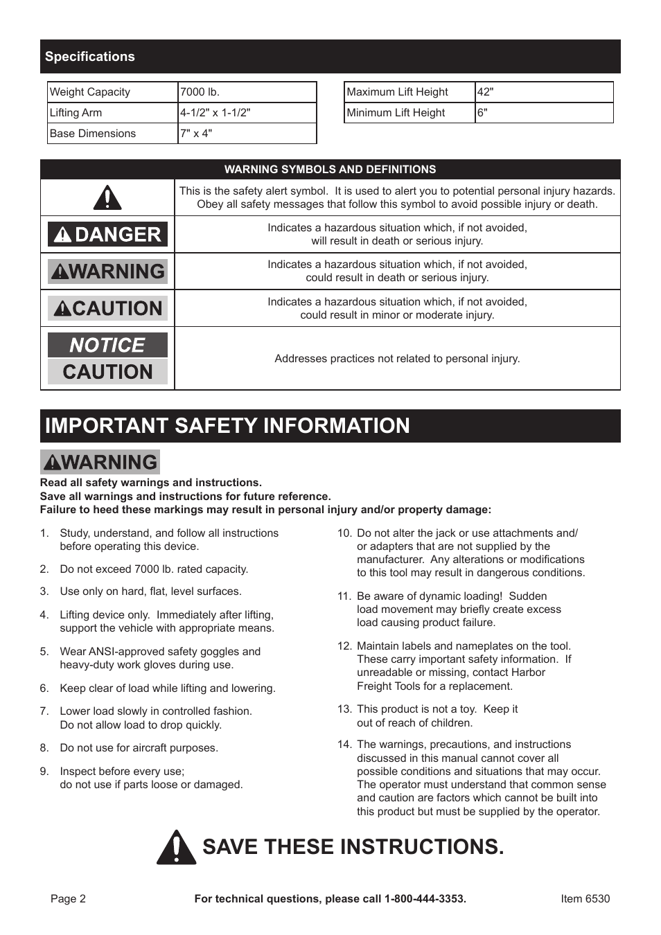 Important safety information, Save these instructions | Harbor Freight Tools 6530 User Manual | Page 2 / 8