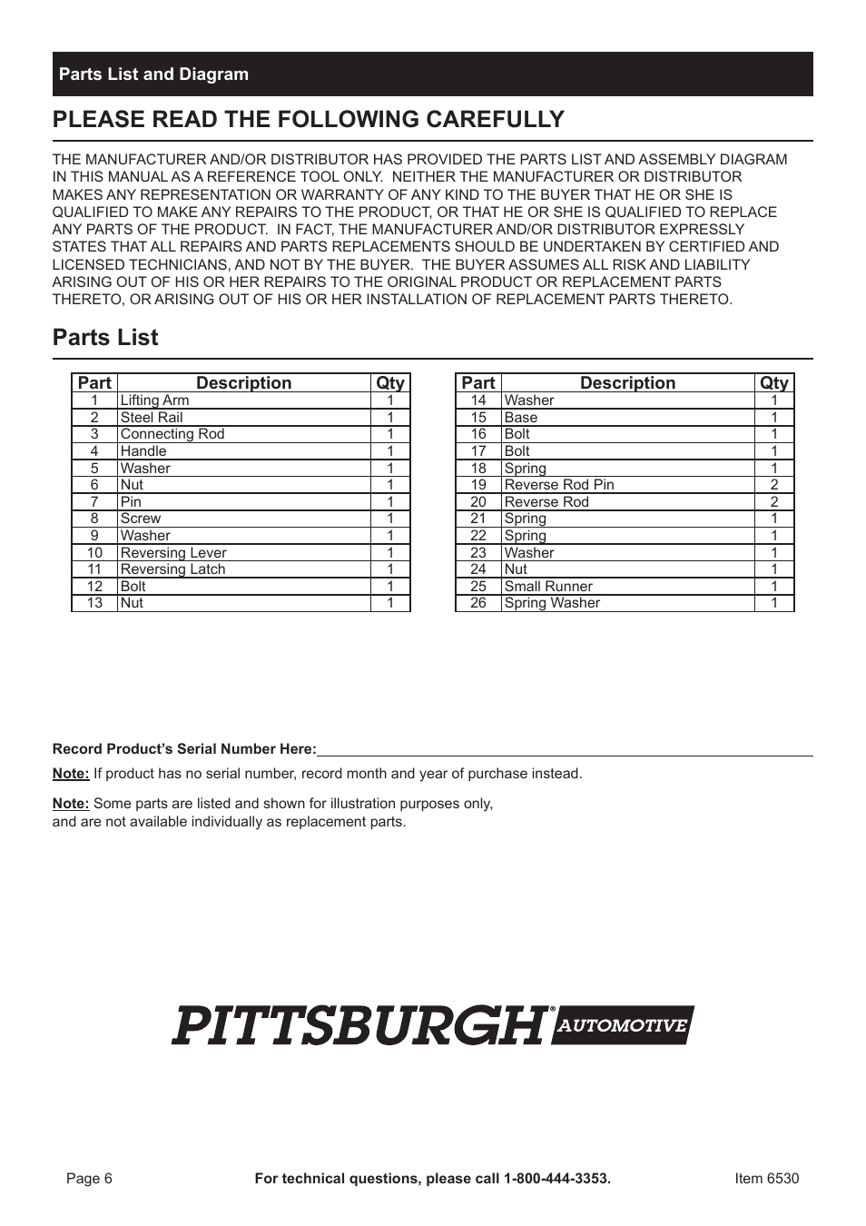 Please read the following carefully, Parts list | Harbor Freight Tools 6530 User Manual | Page 6 / 8