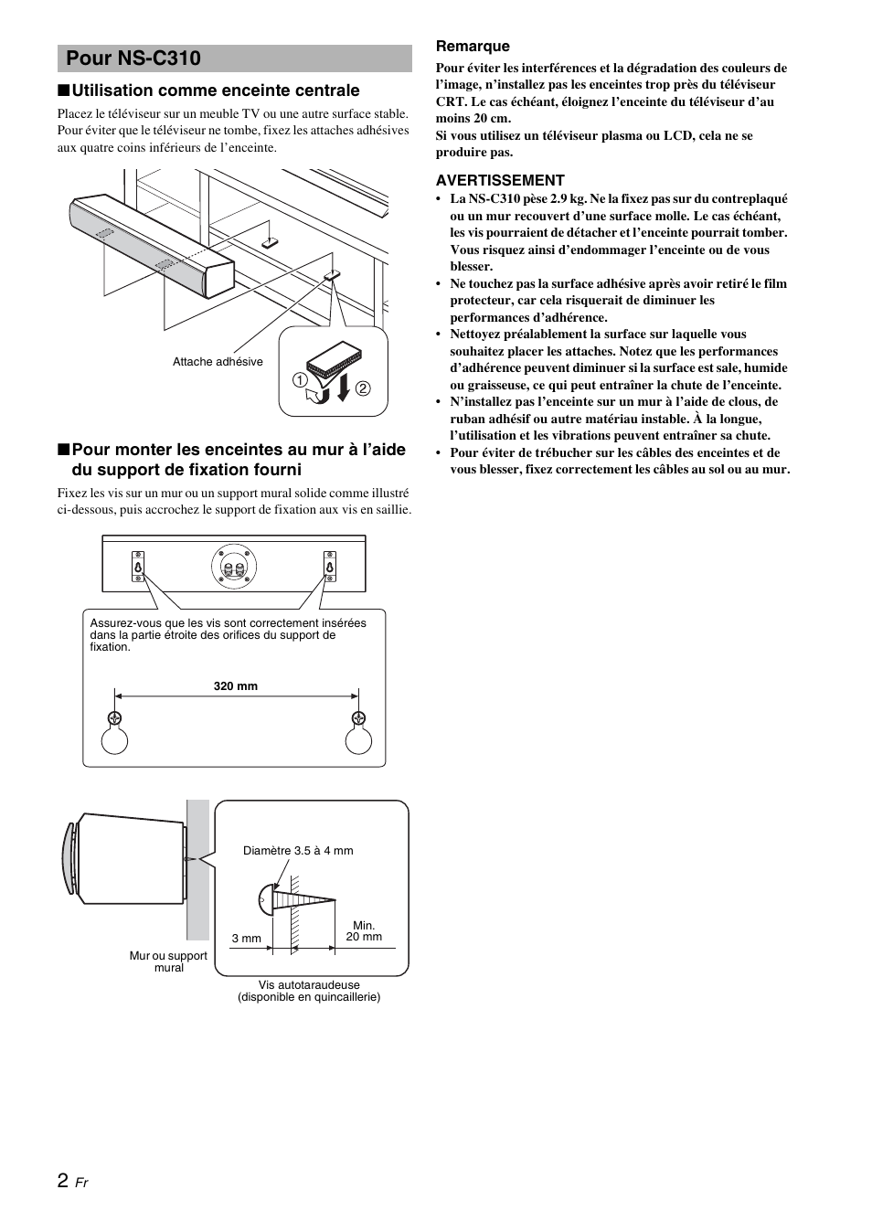 Pour ns-c310, Utilisation comme enceinte centrale | Yamaha NS-B310 User Manual | Page 10 / 36