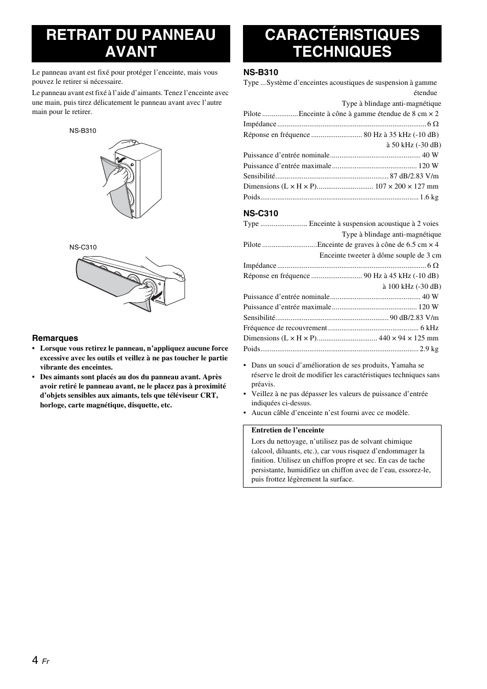 Retrait du panneau avant, Caractéristiques techniques | Yamaha NS-B310 User Manual | Page 12 / 36