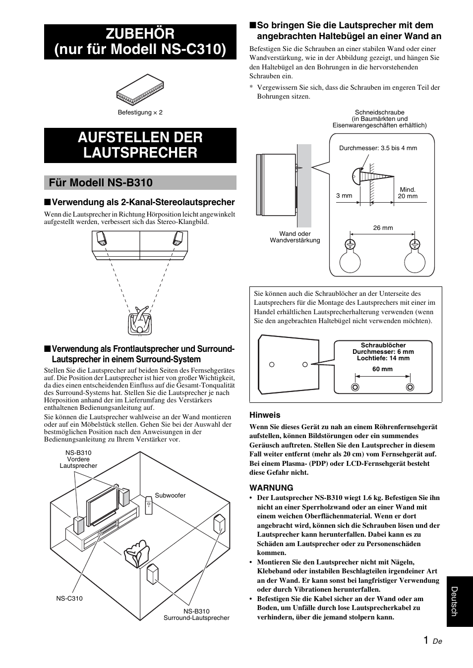 Zubehör (nur für modell ns-c310), Aufstellen der lautsprecher, Für modell ns-b310 | Yamaha NS-B310 User Manual | Page 15 / 36
