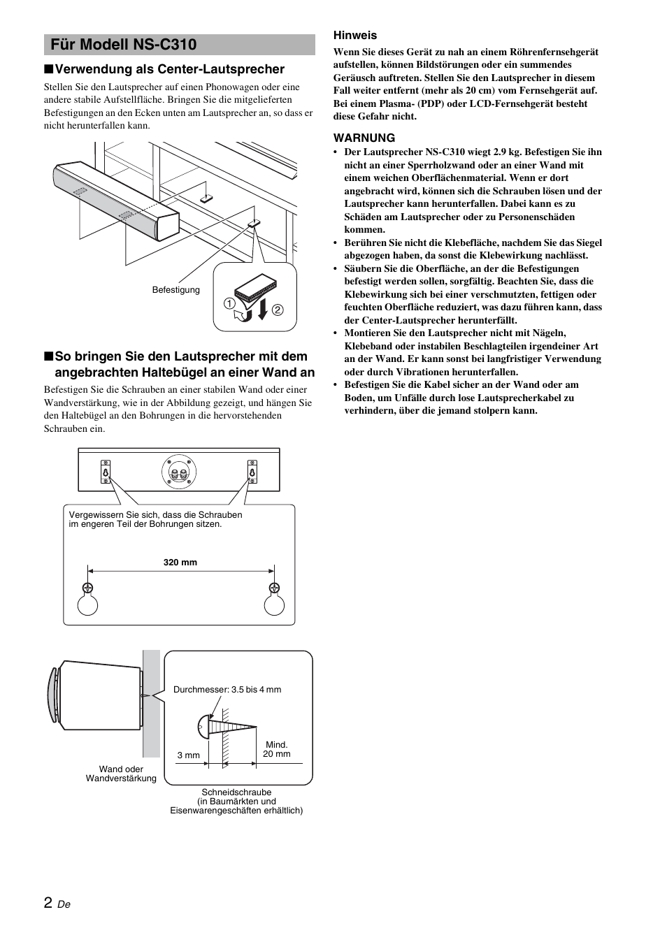 Für modell ns-c310, Verwendung als center-lautsprecher | Yamaha NS-B310 User Manual | Page 16 / 36