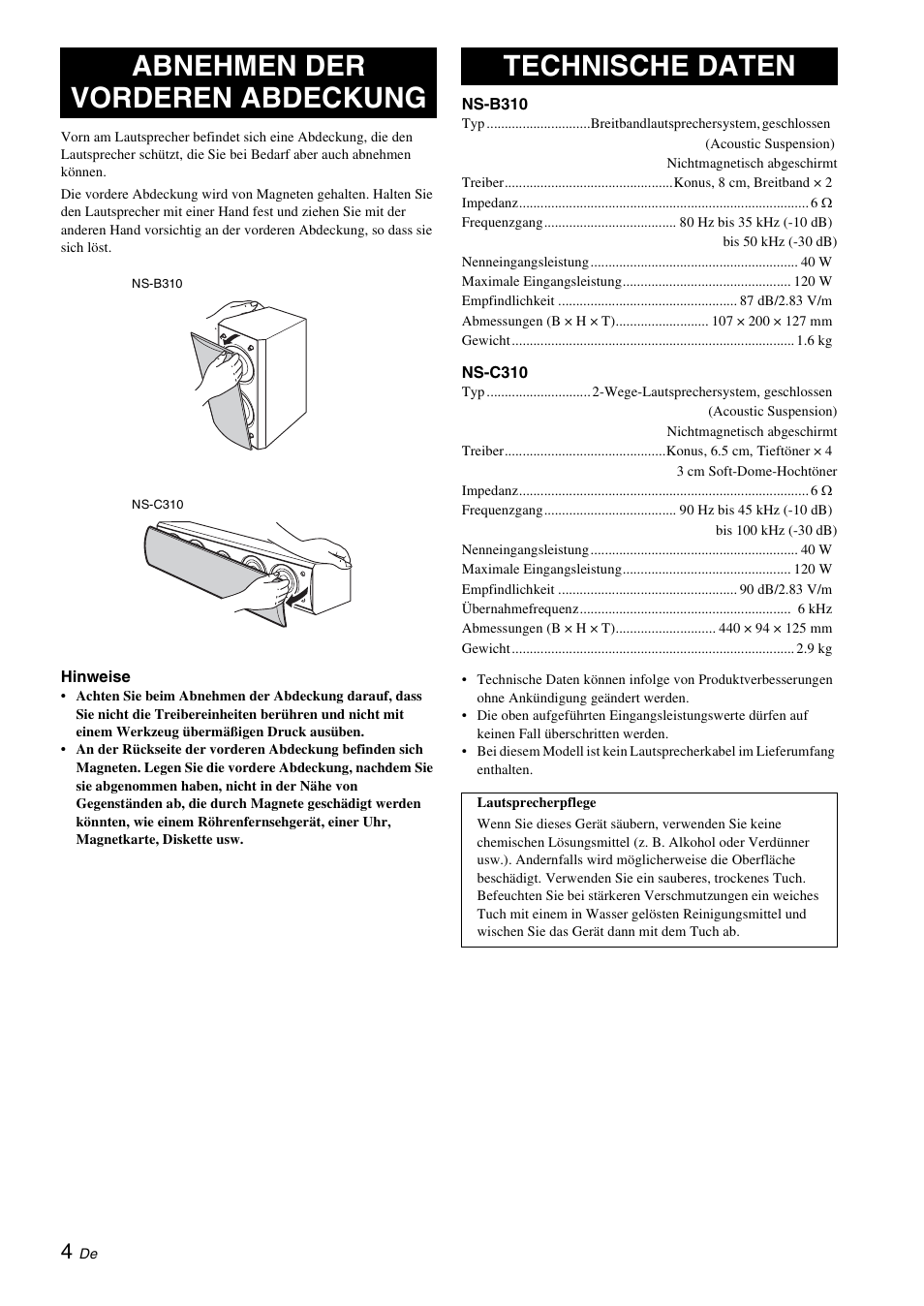 Abnehmen der vorderen abdeckung, Technische daten | Yamaha NS-B310 User Manual | Page 18 / 36